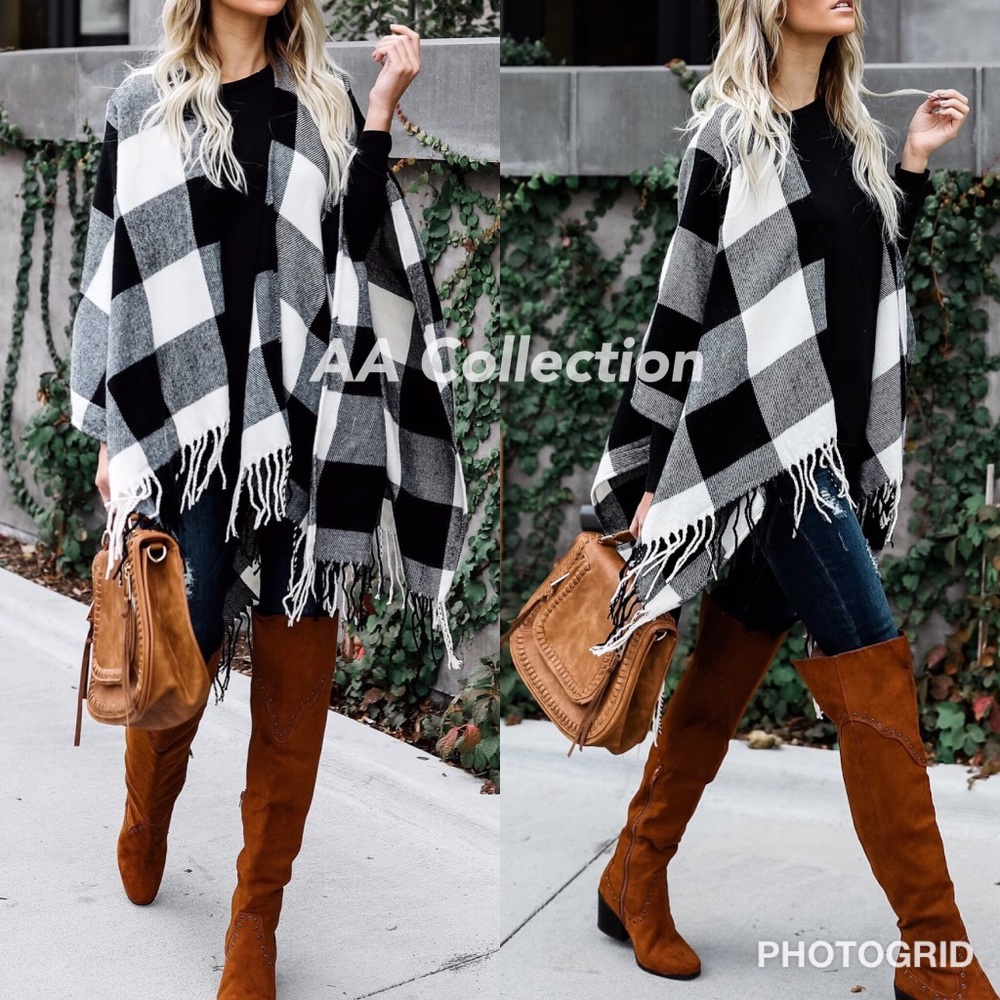 Buffalo Check plaid Tassel shawl Poncho - Picture 3 of 4