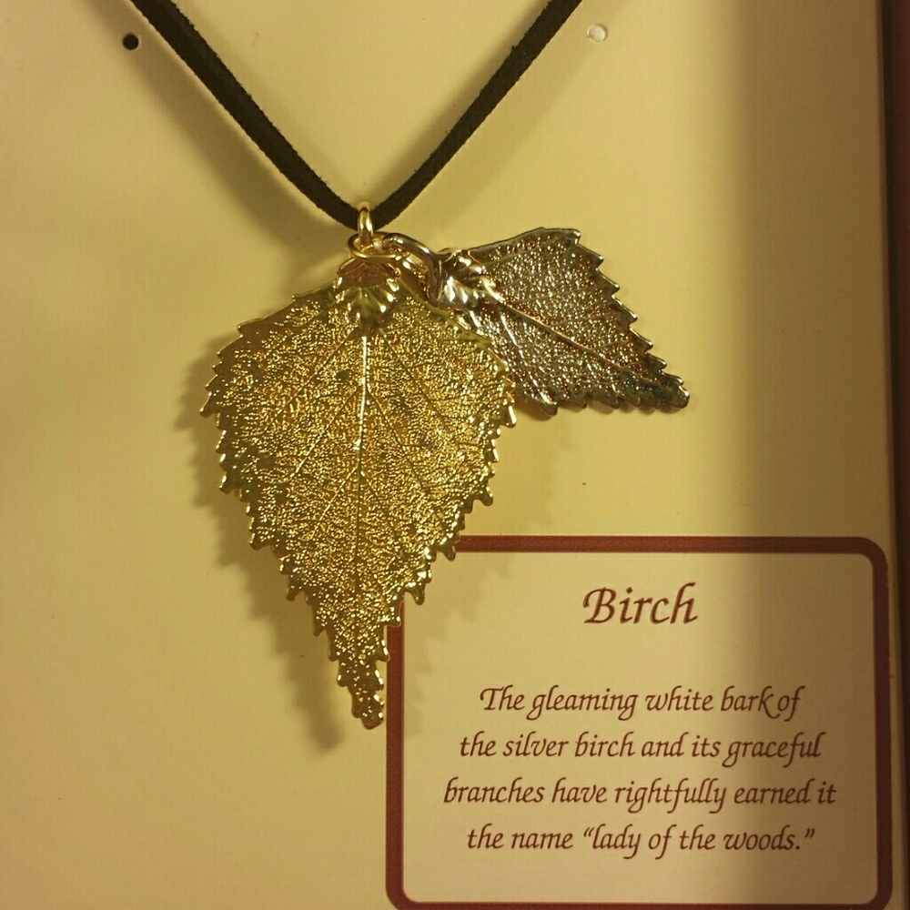 Gold and silver dipped birch leaves necklace, NIB