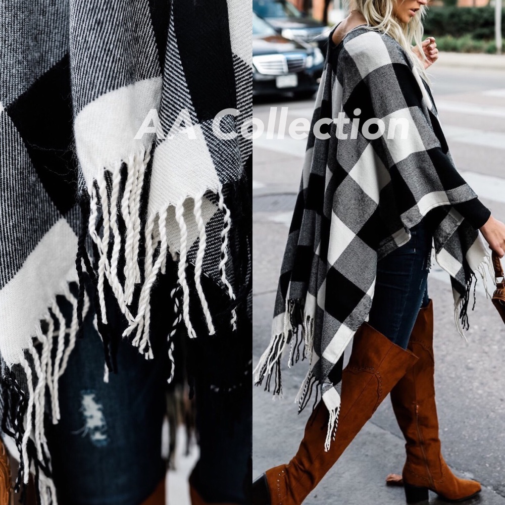 Buffalo Check plaid Tassel shawl  Poncho - Picture 4 of 4