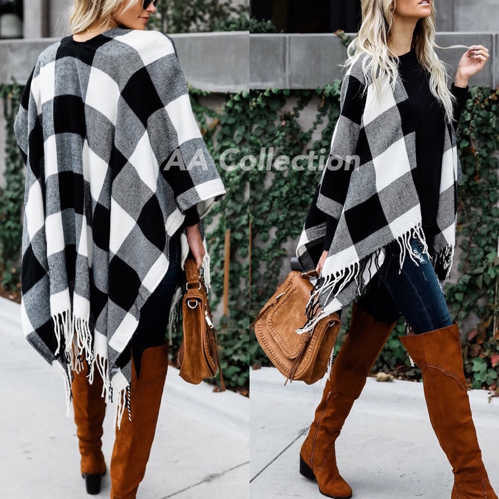Buffalo Check plaid Tassel shawl  Poncho - Picture 3 of 4