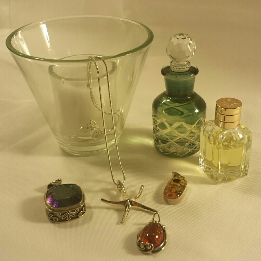 Set of 4 silver pendants with mystic topaz, amber