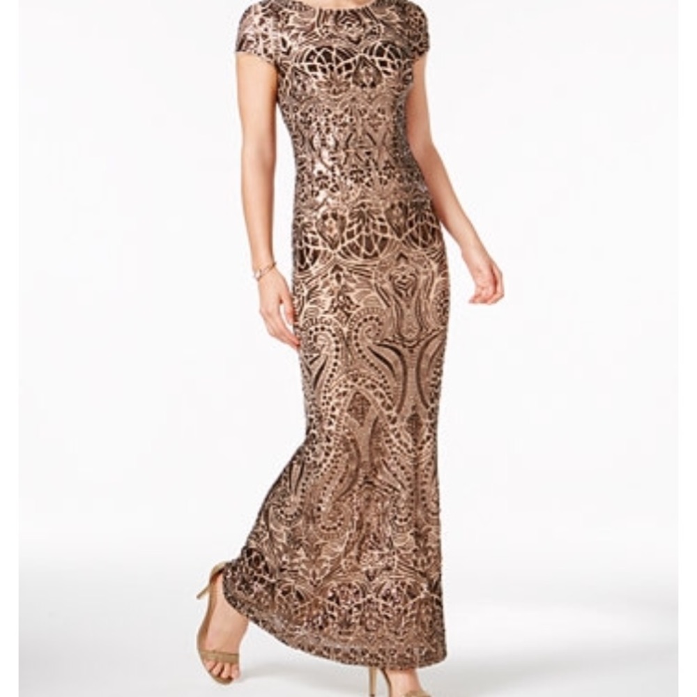 BRONZE SEQUIN CAP SLEEVE GOWN