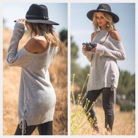 LAST ONE MED Grey cold shoulder halter sweater. - Picture 3 of 8