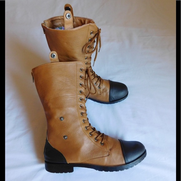 Divine Tan/Brown Combat Boots W/Cute Fabric Design - Picture 4 of 7