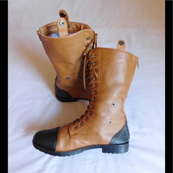 Divine Tan/Brown Combat Boots W/Cute Fabric Design - Picture 6 of 7