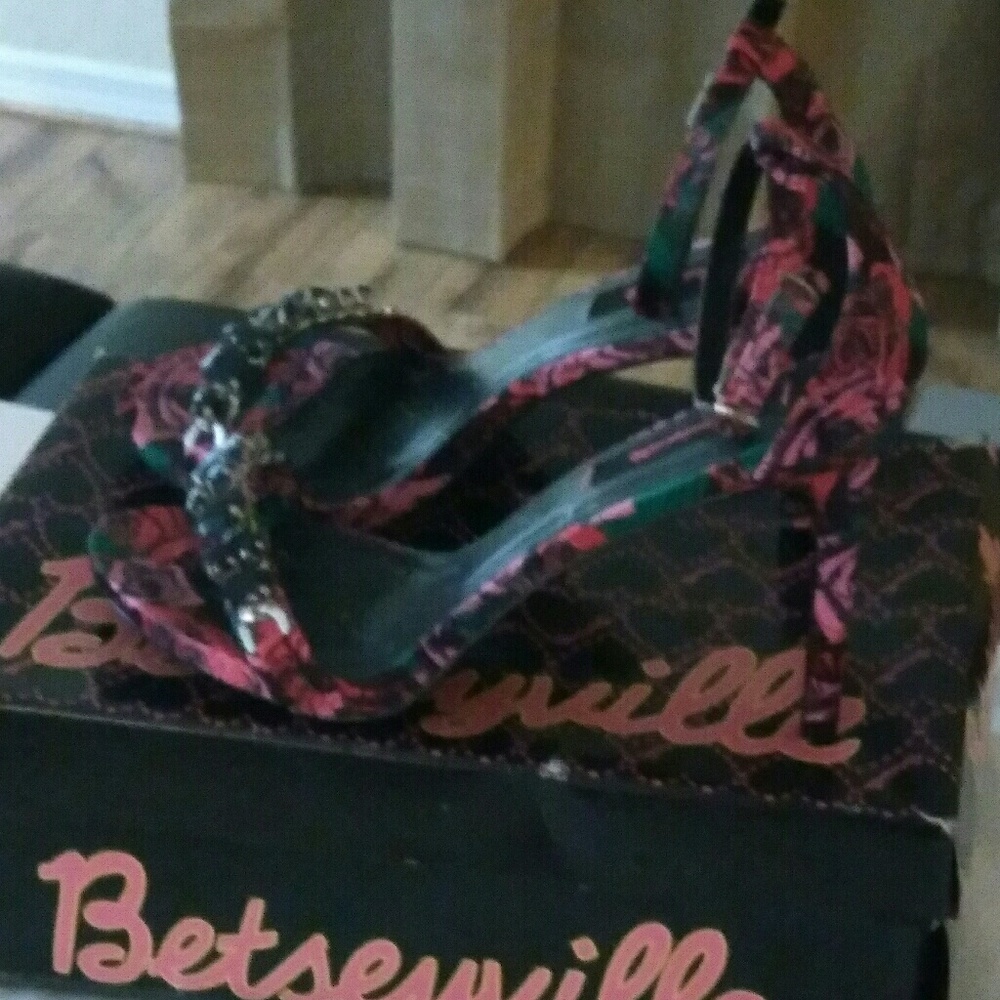 Black and Floral strappy heels