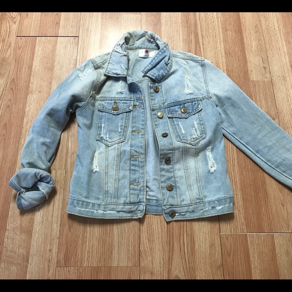 Distressed light wash denim jacket, size small