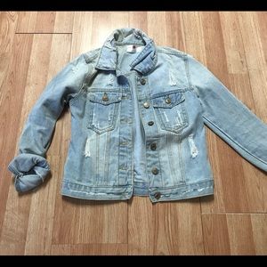 Distressed light wash denim jacket, size small