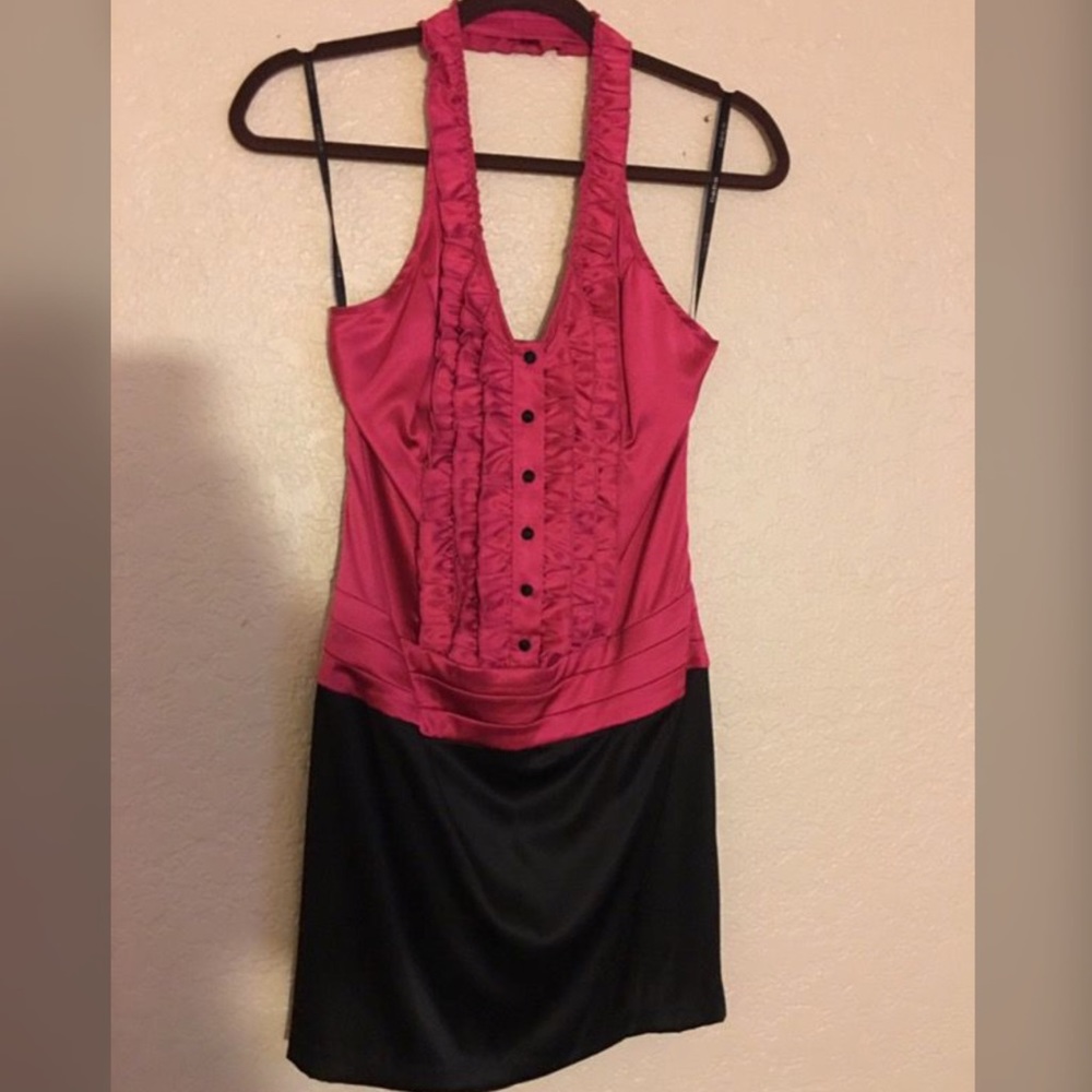 Bebe Satin Halter Dress, ruffled Chest