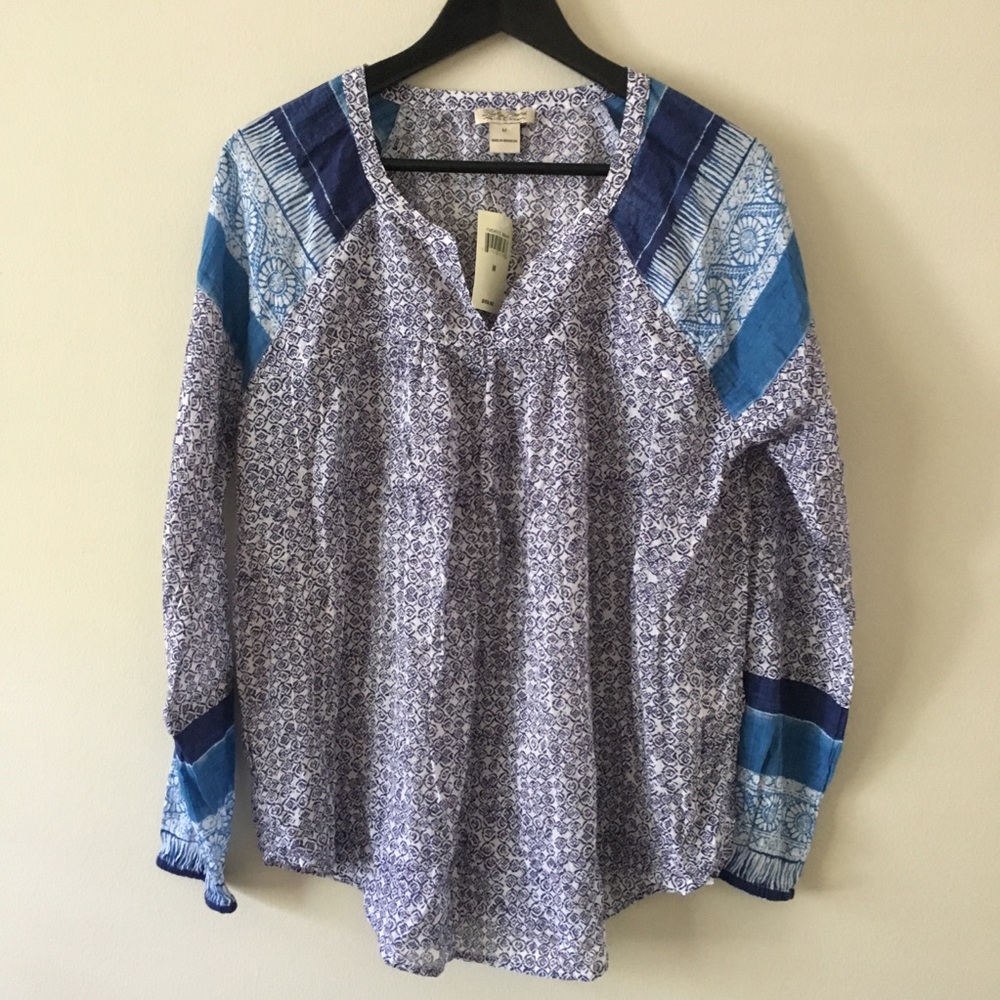 NWT Lucky Brand Blue Tie Dye Peasant Top