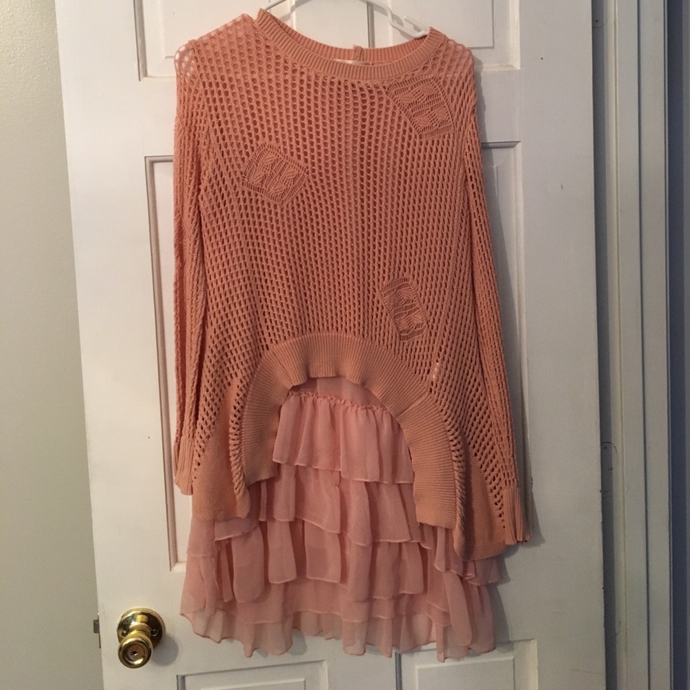 Ruffled blush colored long sleeve sweater dress