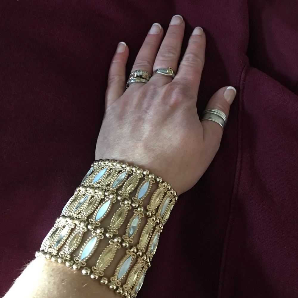 Wide gold moonstone & rhinestone stretch bracelet