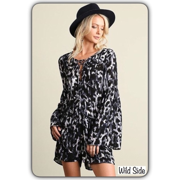 Flirty Flowy Animal Print Lace Up Romper SM - Picture 7 of 7