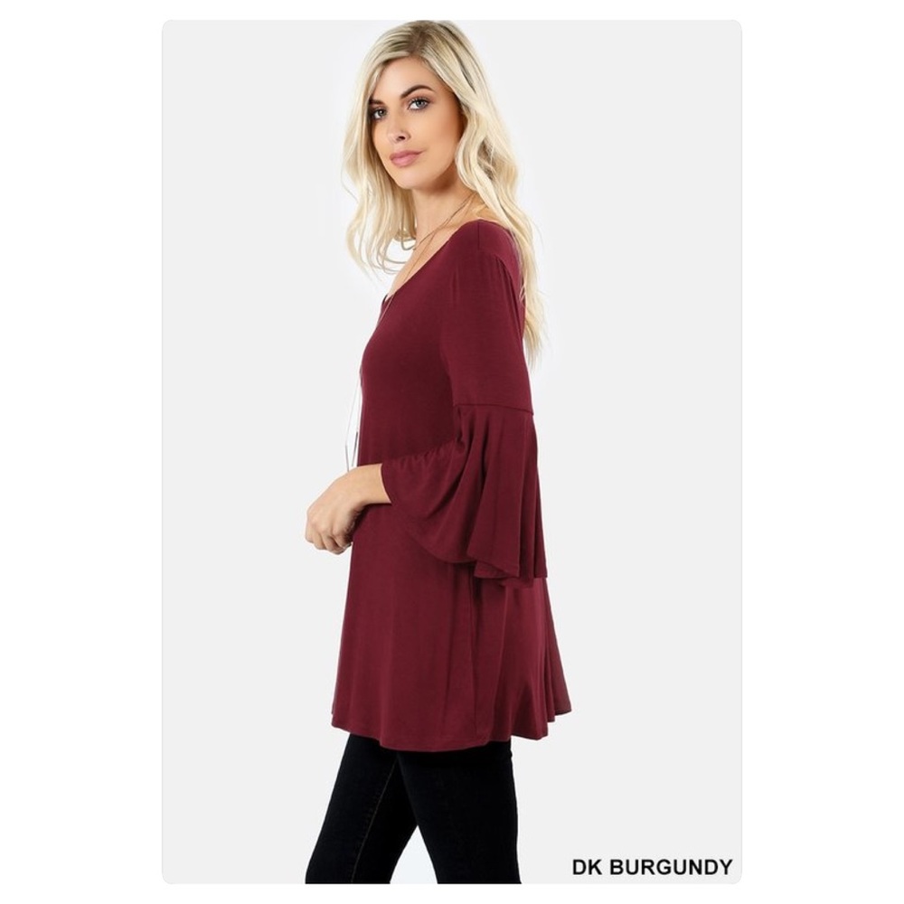Scoop Neck Bell Sleeve T Back Blouse - Picture 2 of 4