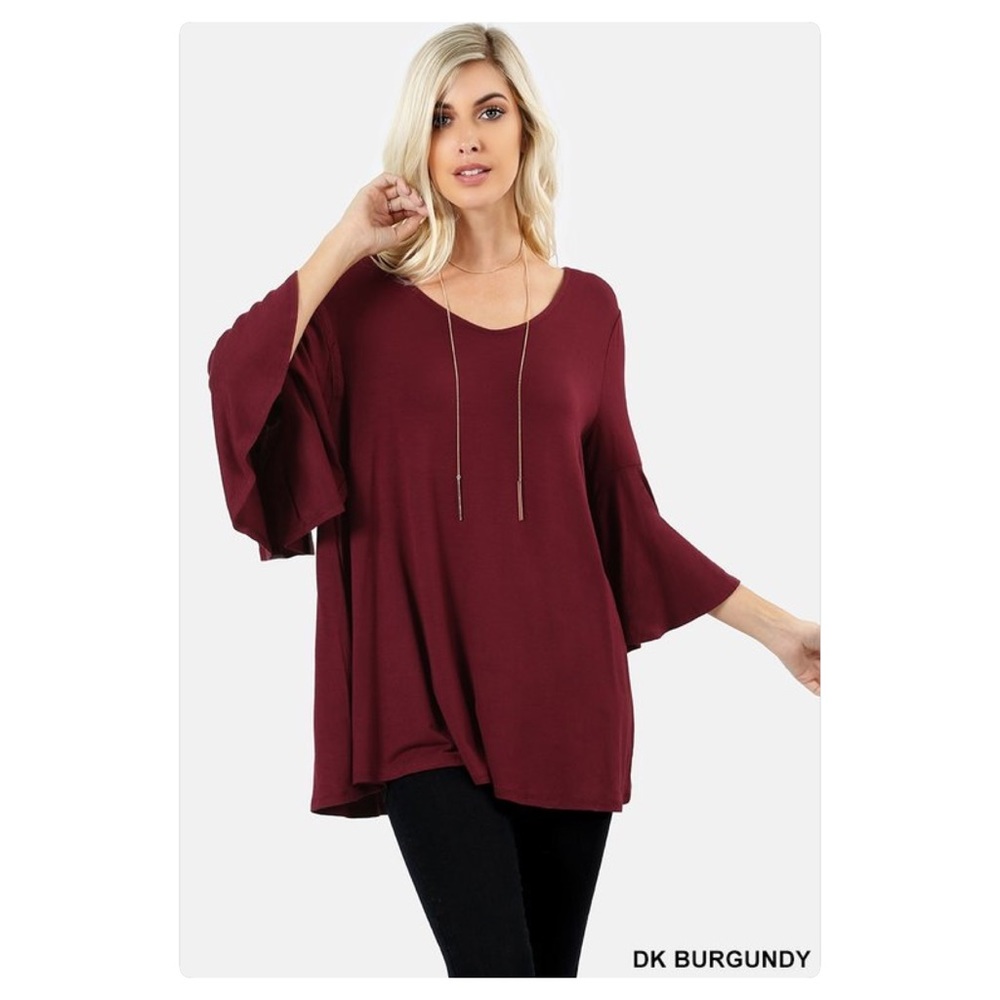 Scoop Neck Bell Sleeve T Back Blouse - Picture 3 of 4