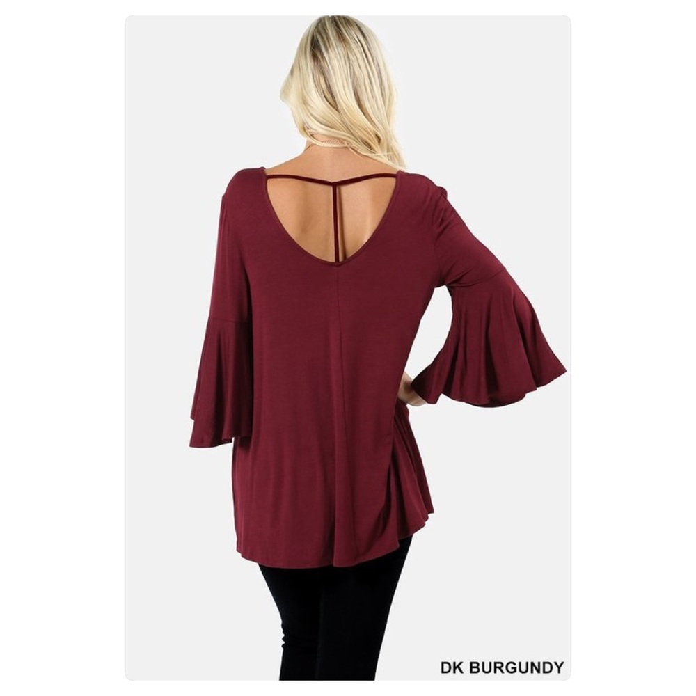 Scoop Neck Bell Sleeve T Back Blouse - Picture 4 of 4