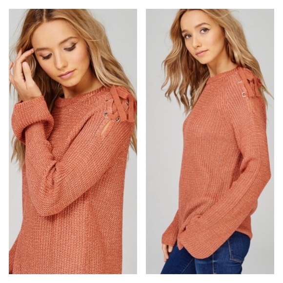 ‼️LAST ONE‼️Rust Cold Shoulder Lace Up Sweater - Picture 2 of 2