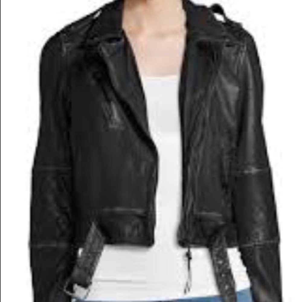 Nicole Miller Artelier Leather Belted Moto Jacket