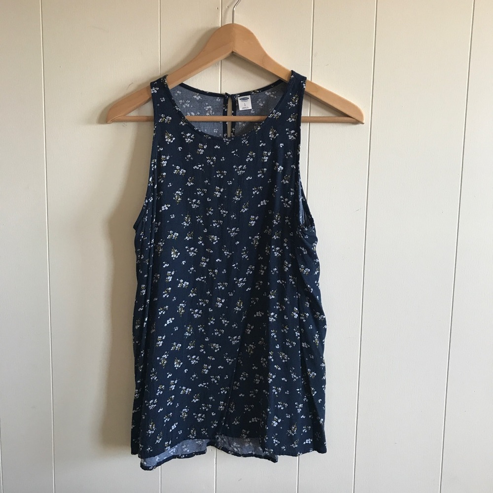 💙High Neck Trapeze Swing Tank Rayon Navy Floral