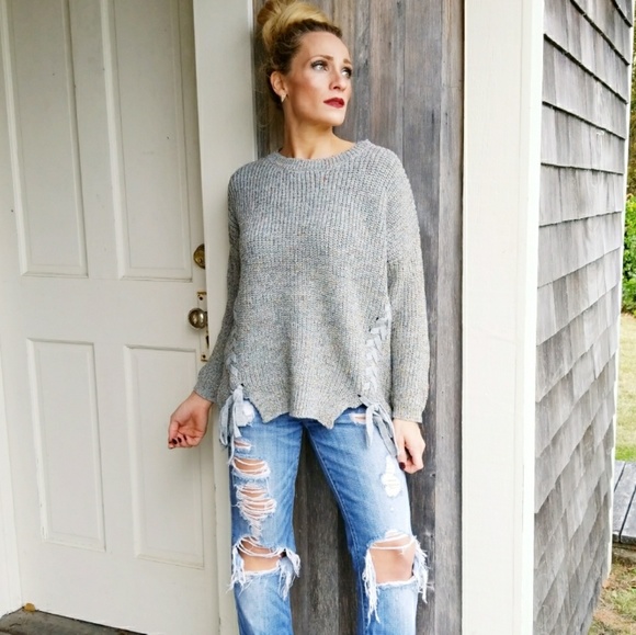 💋LAST 1💋LIGHT GRAY LACE UP DETAILED SWEATER - Picture 2 of 4