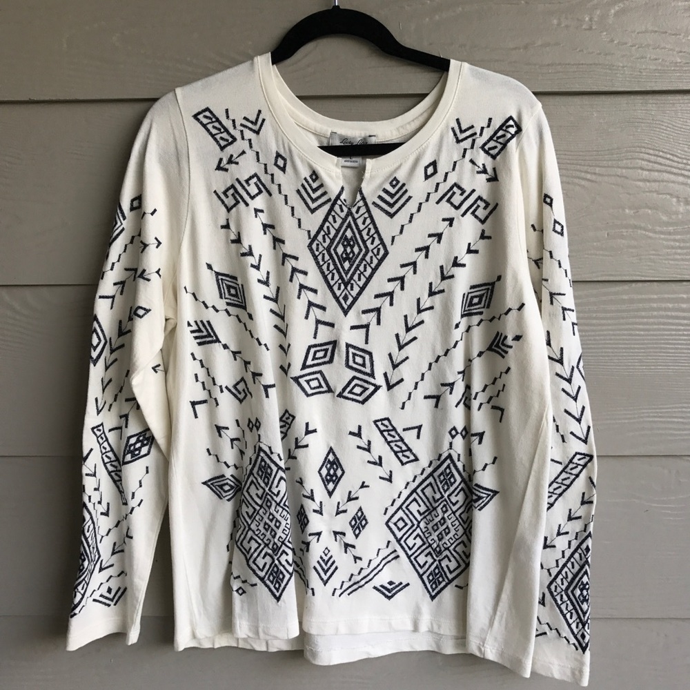 Lucky Brand Embroidered Cream Top. Size Large EUC