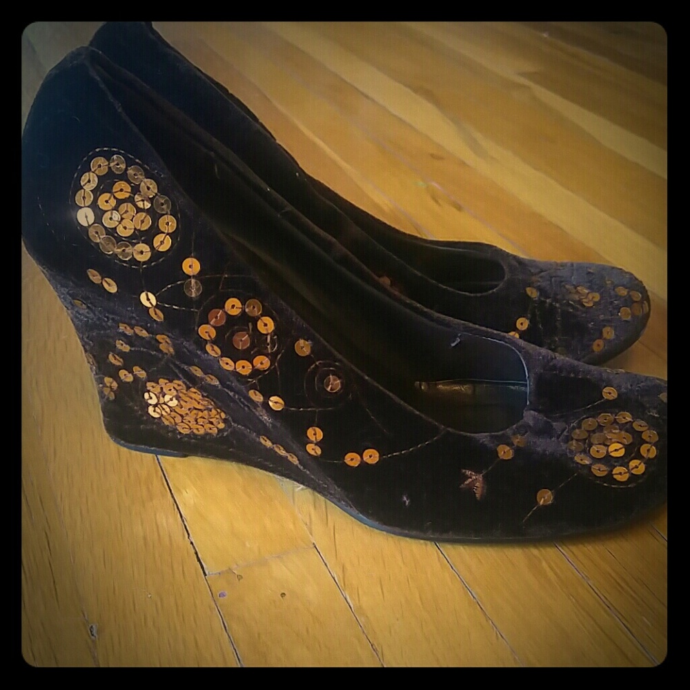 WANTED brown velvet with sequin pattern platforms