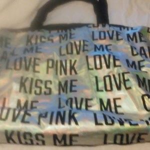 VS Pink Love Pink Silver Foil and Black Tote