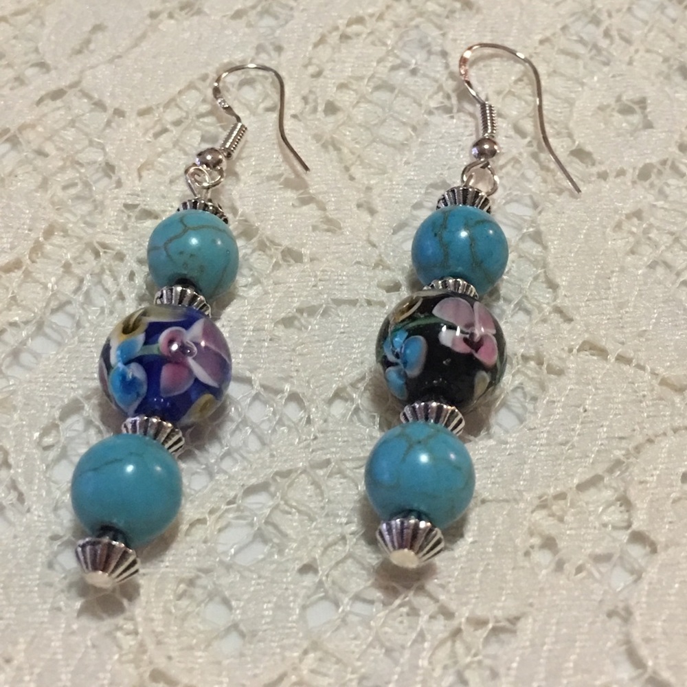 Handmade Turquoise & floral bead dangle earrings