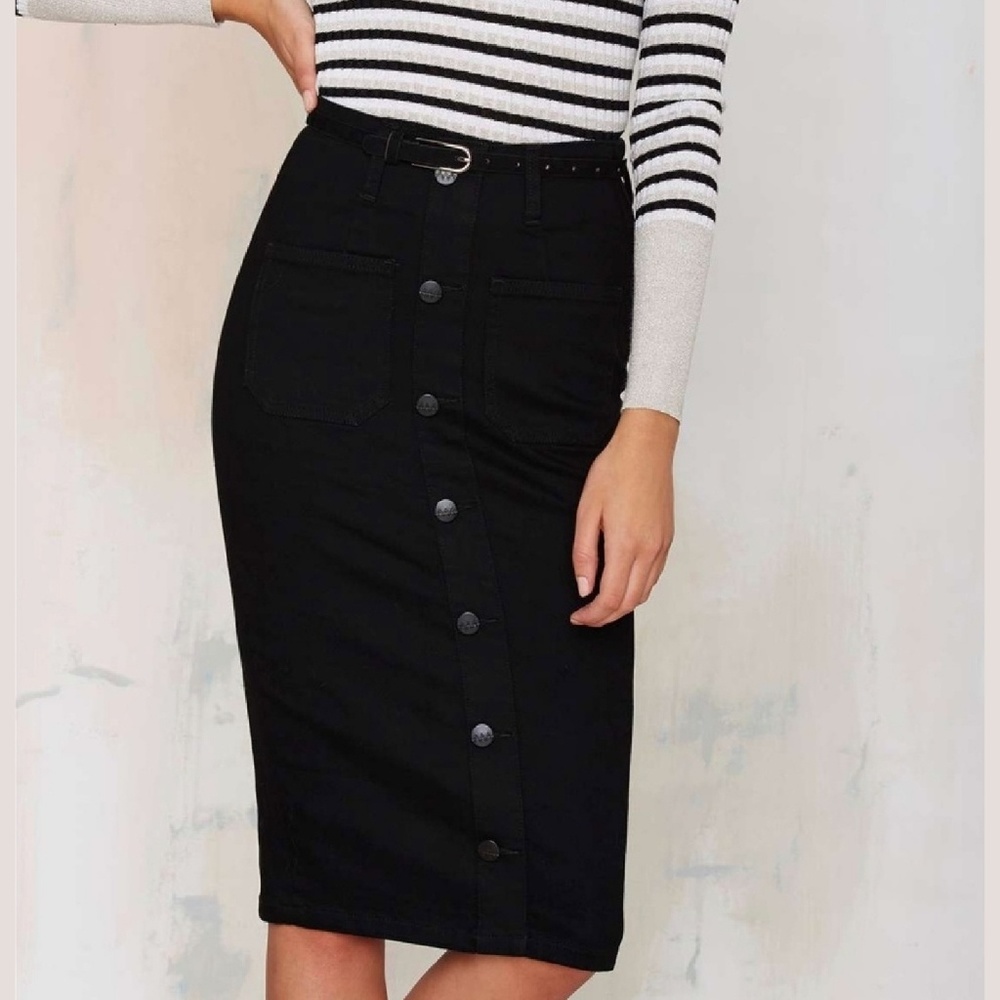 NEW black denim pencil midi skirt