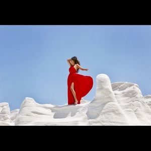 On my own red maxi dress from lulus