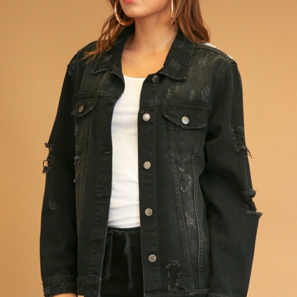 Black Destroyed Letter Patched Denim Jacket - Picture 2 of 5