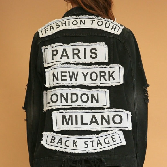 Black Destroyed Letter Patched Denim Jacket - Picture 5 of 5