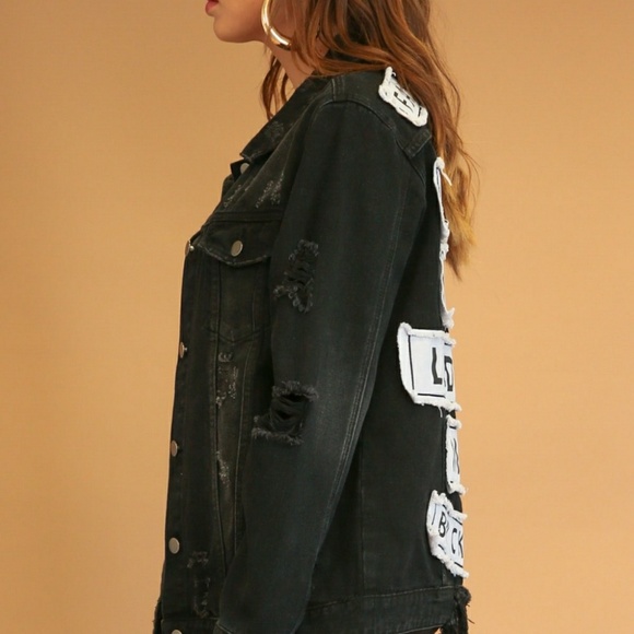 Black Destroyed Letter Patched Denim Jacket - Picture 4 of 5