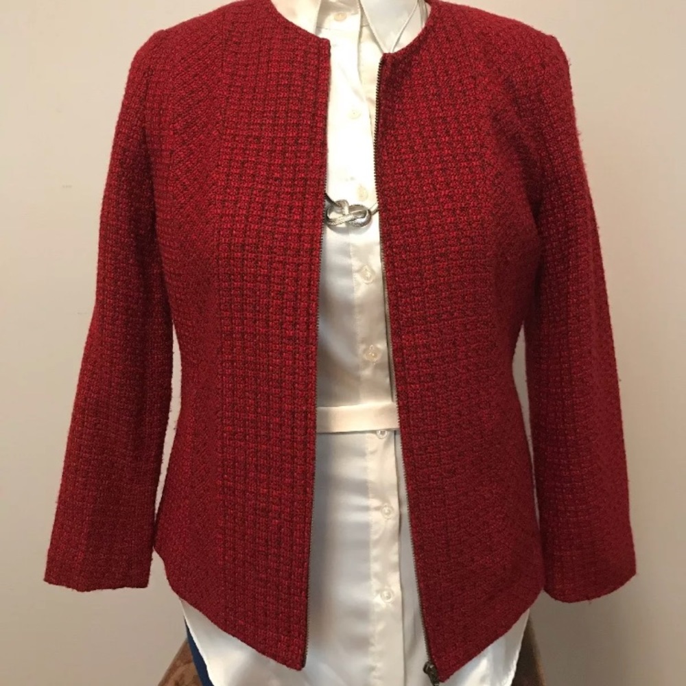 Red Tweed Knit Zip Jacket
