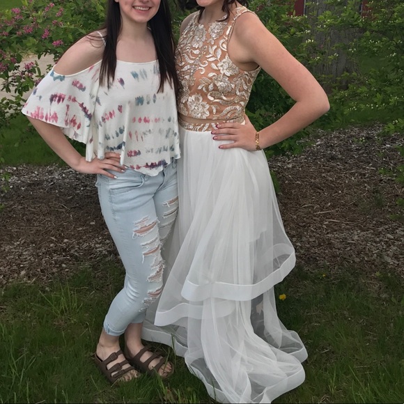 White and Gold two piece prom dress - Picture 2 of 4