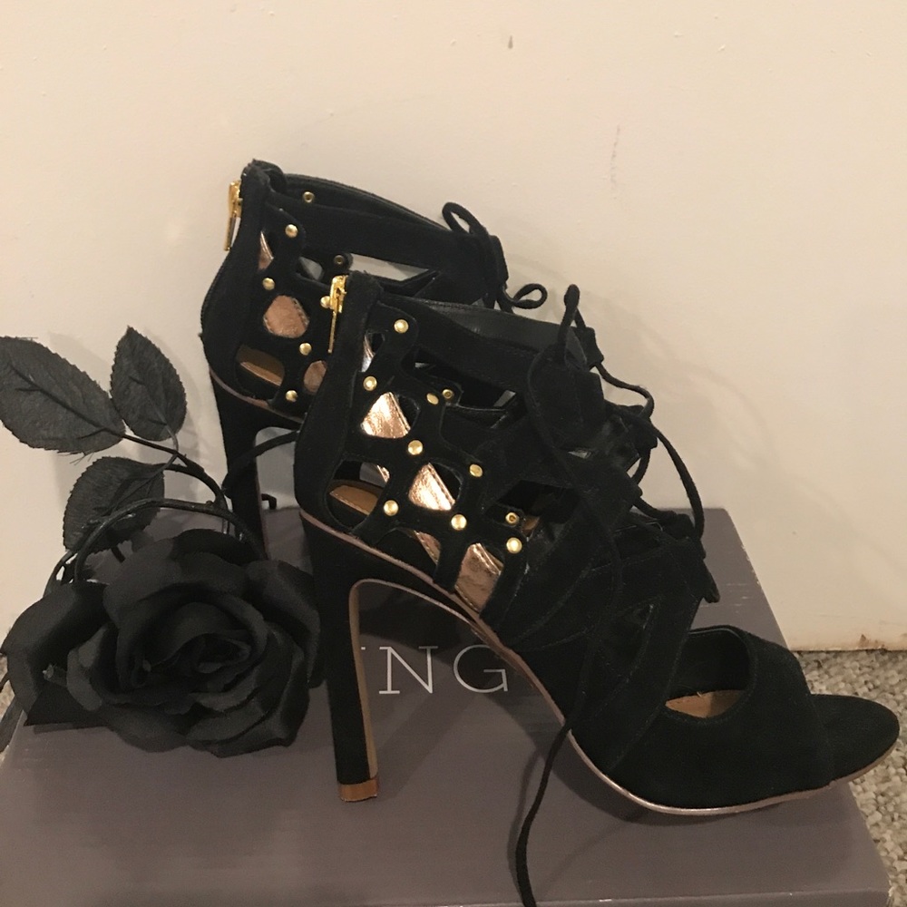 Dolce Vita strappy gold and black heels