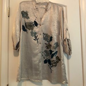 Silver gray blouse with blue and gray floral print