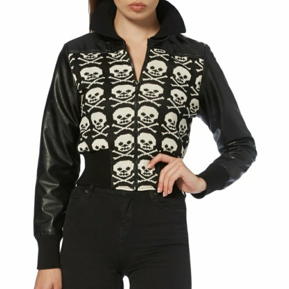 Cropped Knit Skull and Crossbones Bomber Jacket