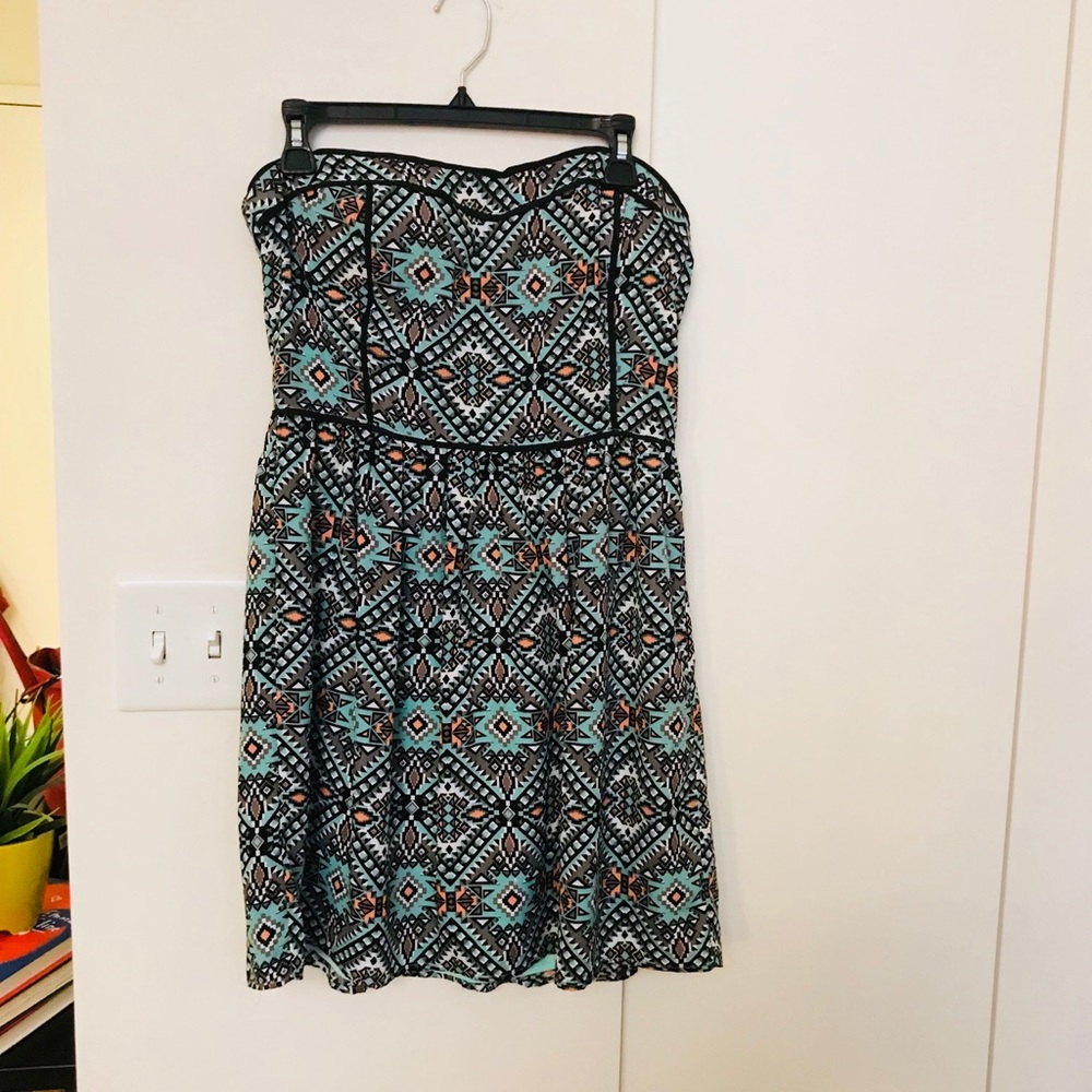 Funky strapless turquoise/patterned mini dress