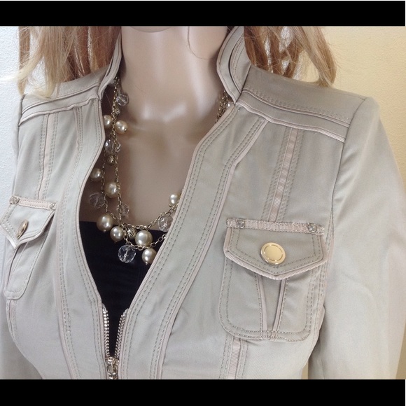 WHBM Jacket Blazer Military 3/4 Zip Taupe Gold Acc - Picture 1 of 5