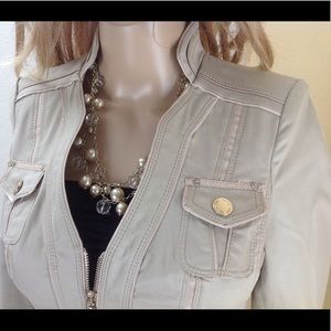 WHBM Jacket Blazer Military 3/4 Zip Taupe Gold Acc