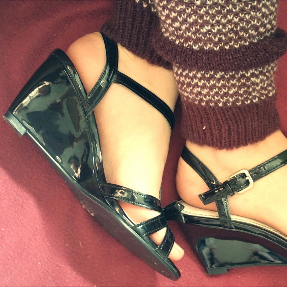 Strappy Black Patent Wedge Heel Sandals