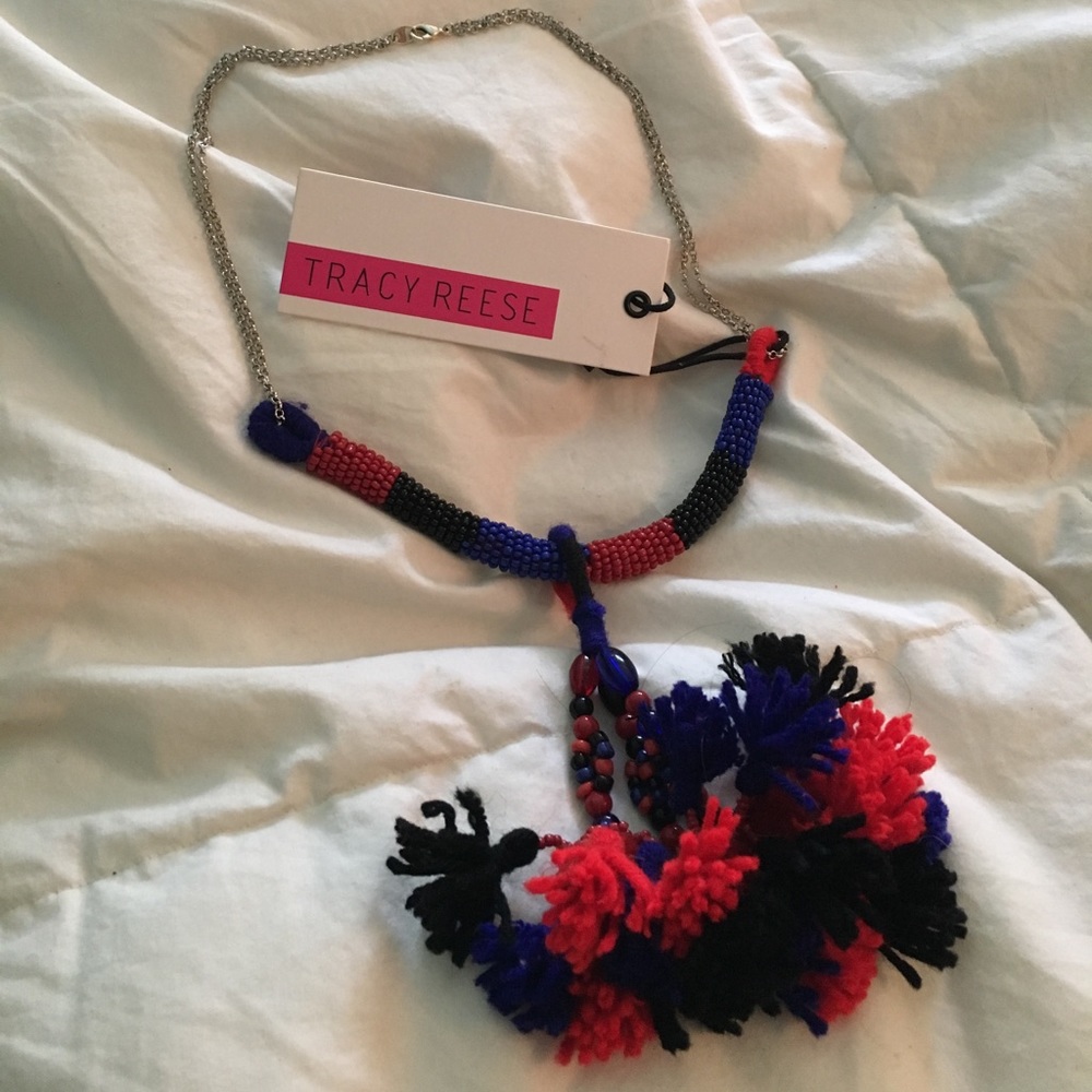 Tracy Reese red/blue/black tassel necklace