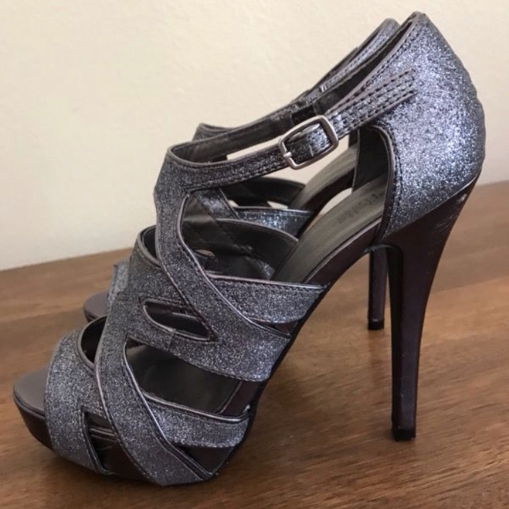 Dark silver glitter strappy heels