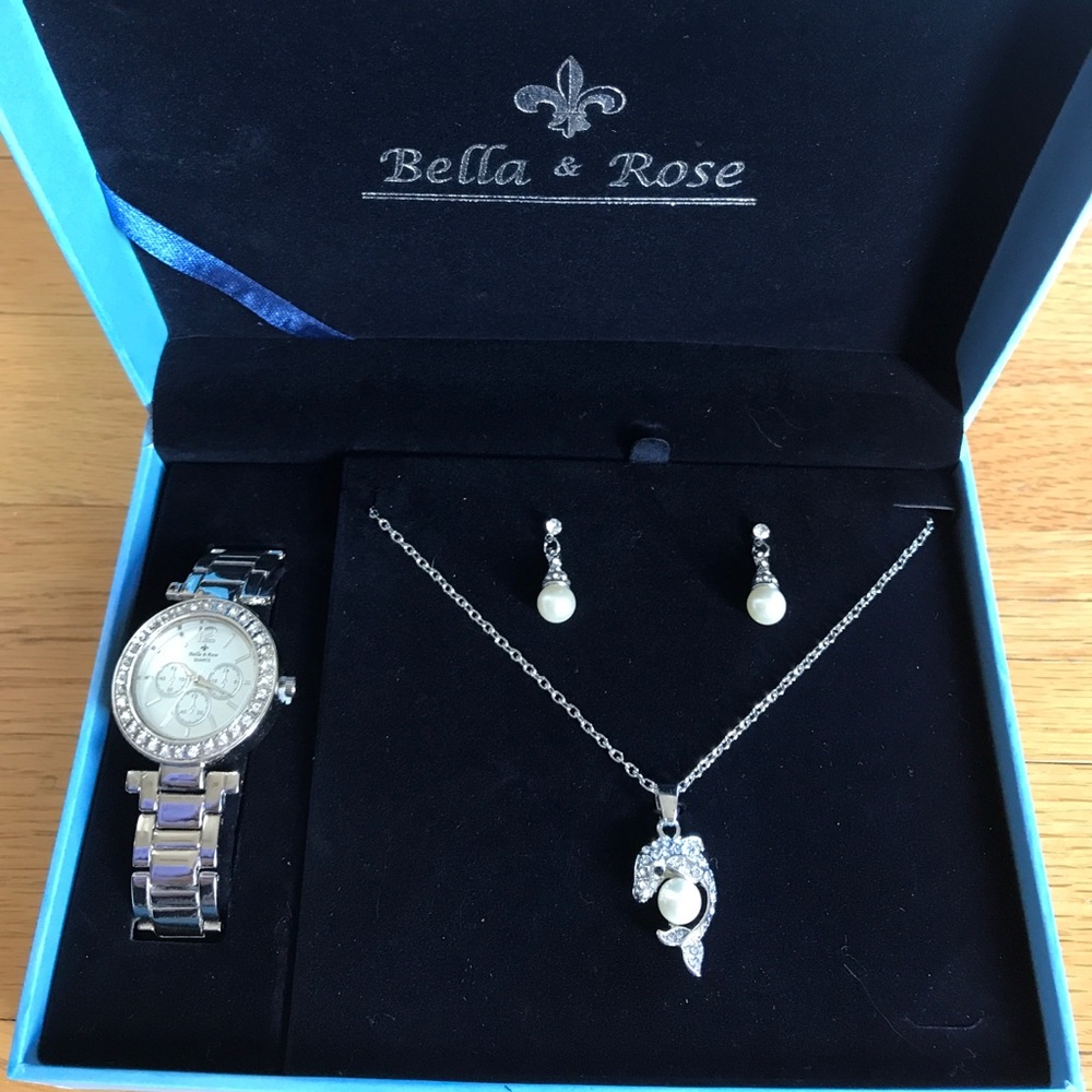 Bella & Rose Ear Rings Watch Necklace Set