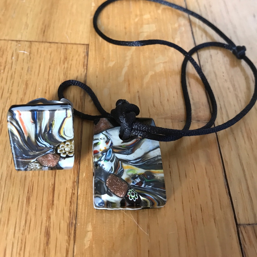 Hand Painted Venetian Glass Ring & Pendent Set
