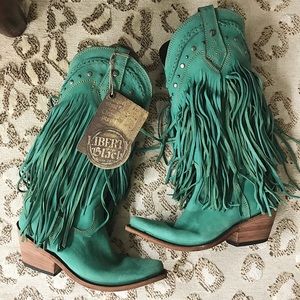 NIB Turquoise Liberty Black Lote Fringe Boots 6.5