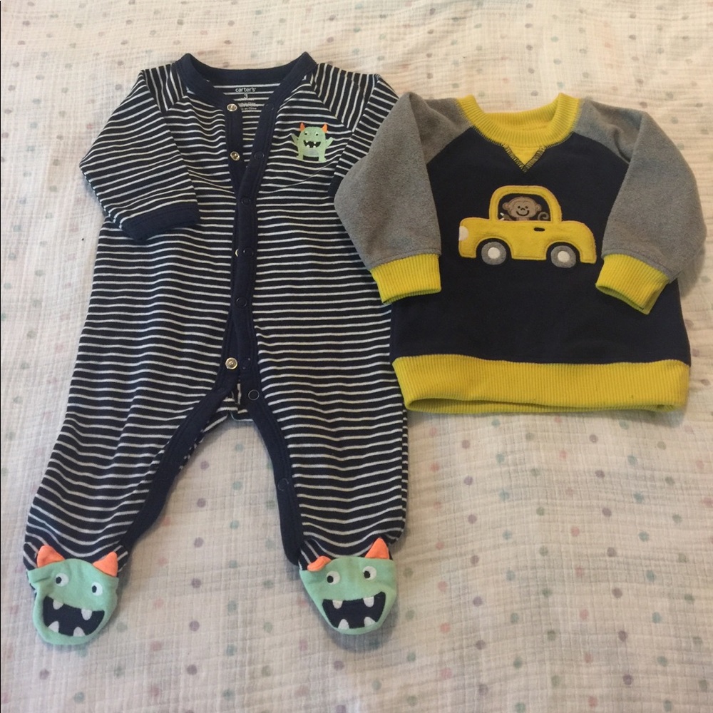 Carter’s monster onesie and fleece sweatshirt