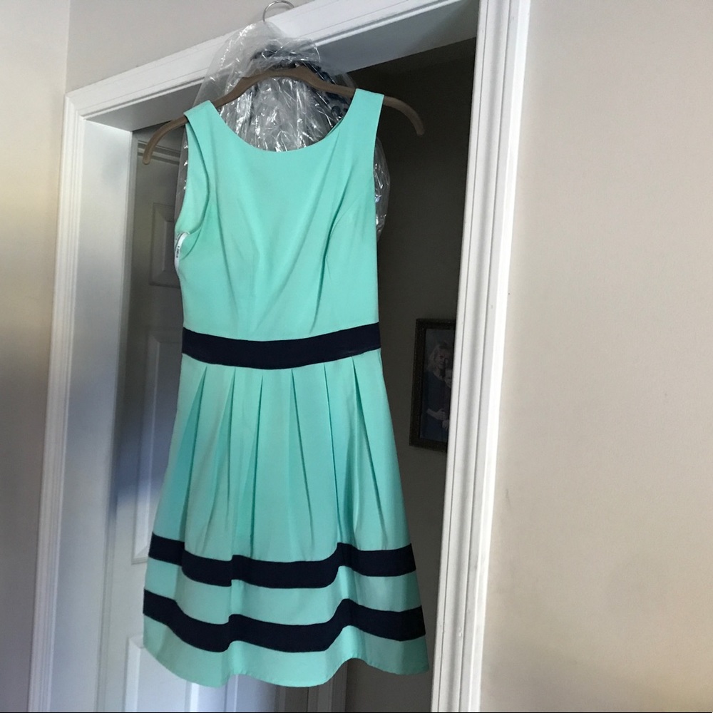 Navy and teal slightly above the knee dress