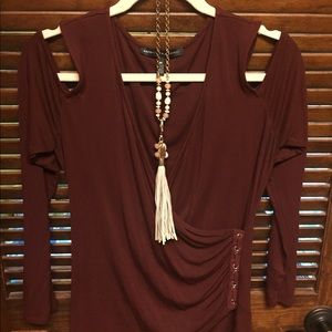 WHBM Burgundy Surplice TopCold Shoulder Longsleeve
